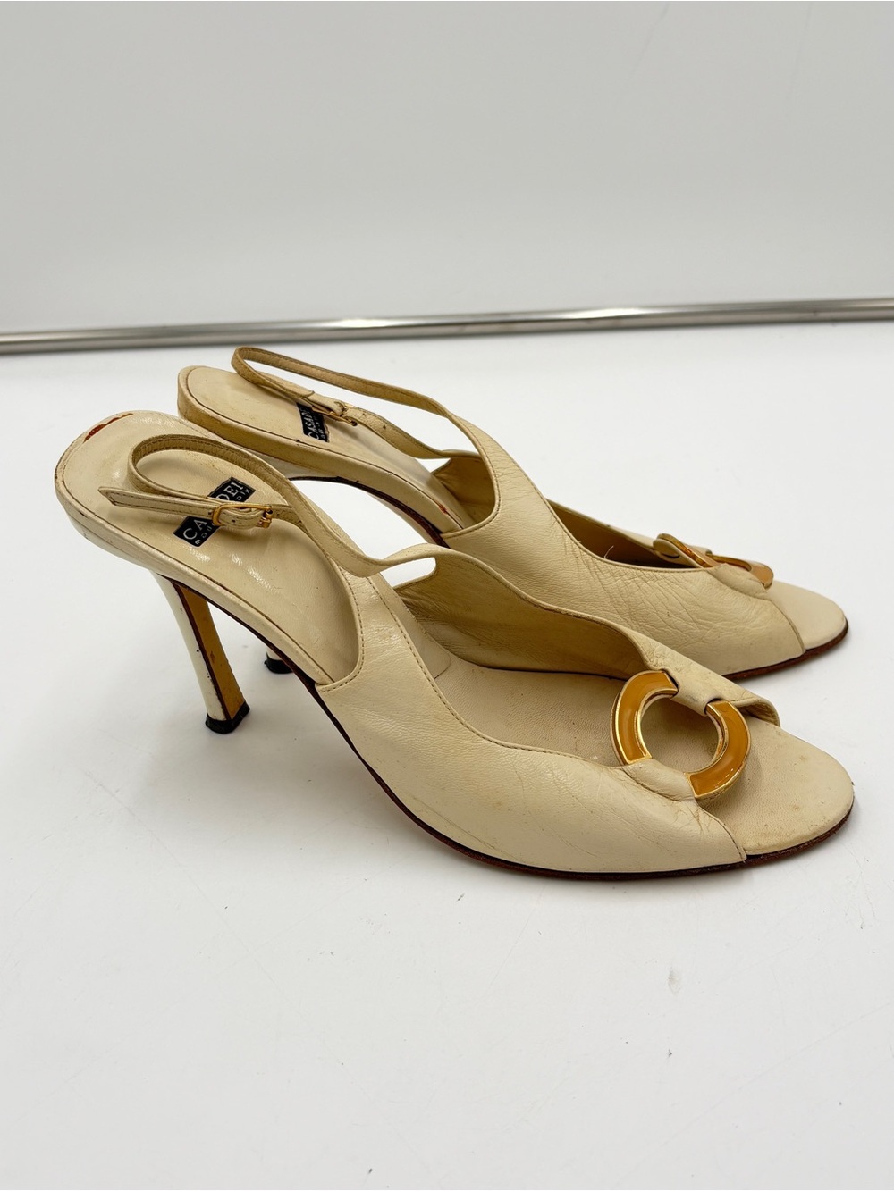Casadei Off White Cream Leather Heels Pumps Slingback Peep Toe Gold Circle Sz 9